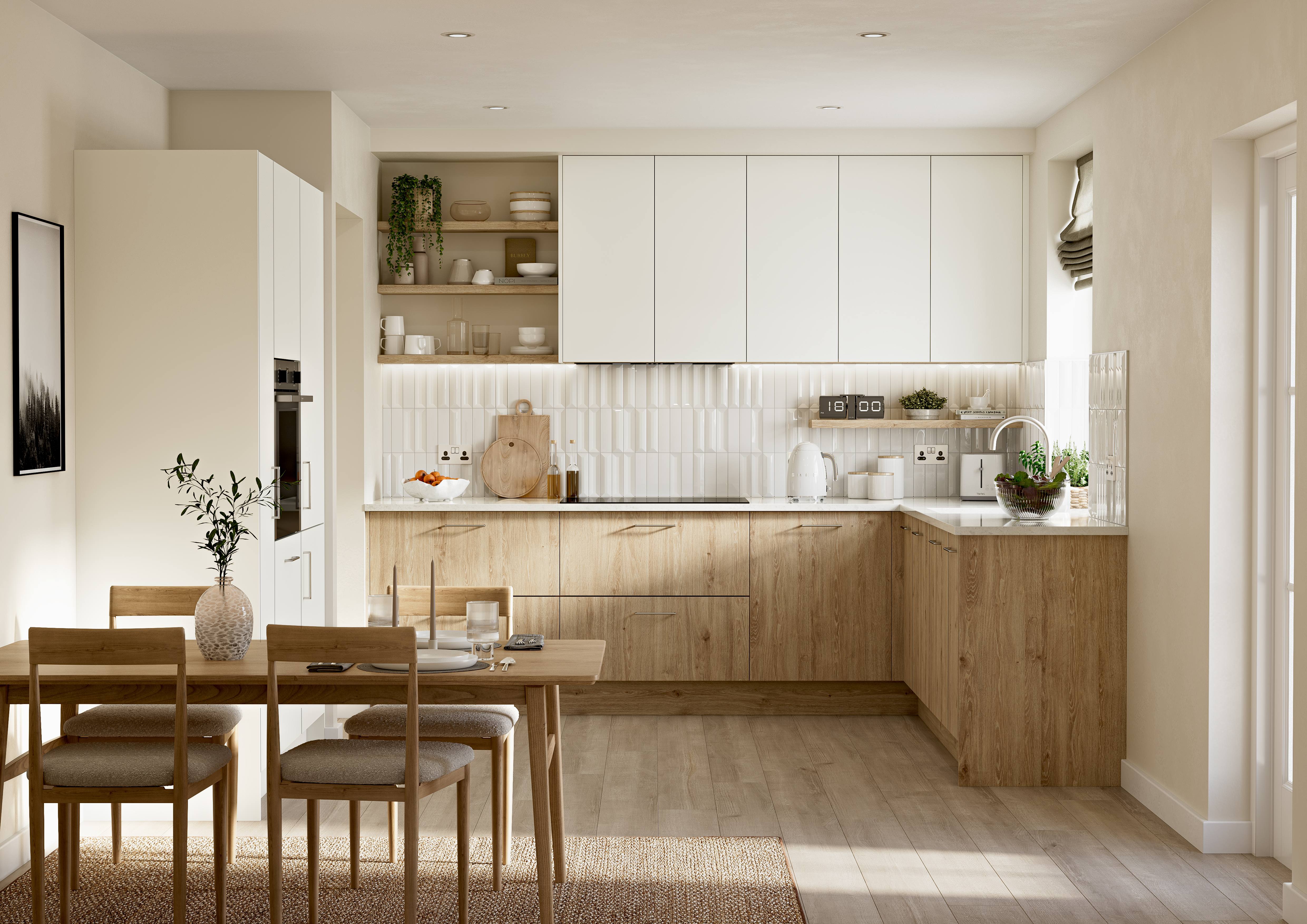 Unity Kitchens Essen Premium White & Essen Natural Davos Oak kitchen