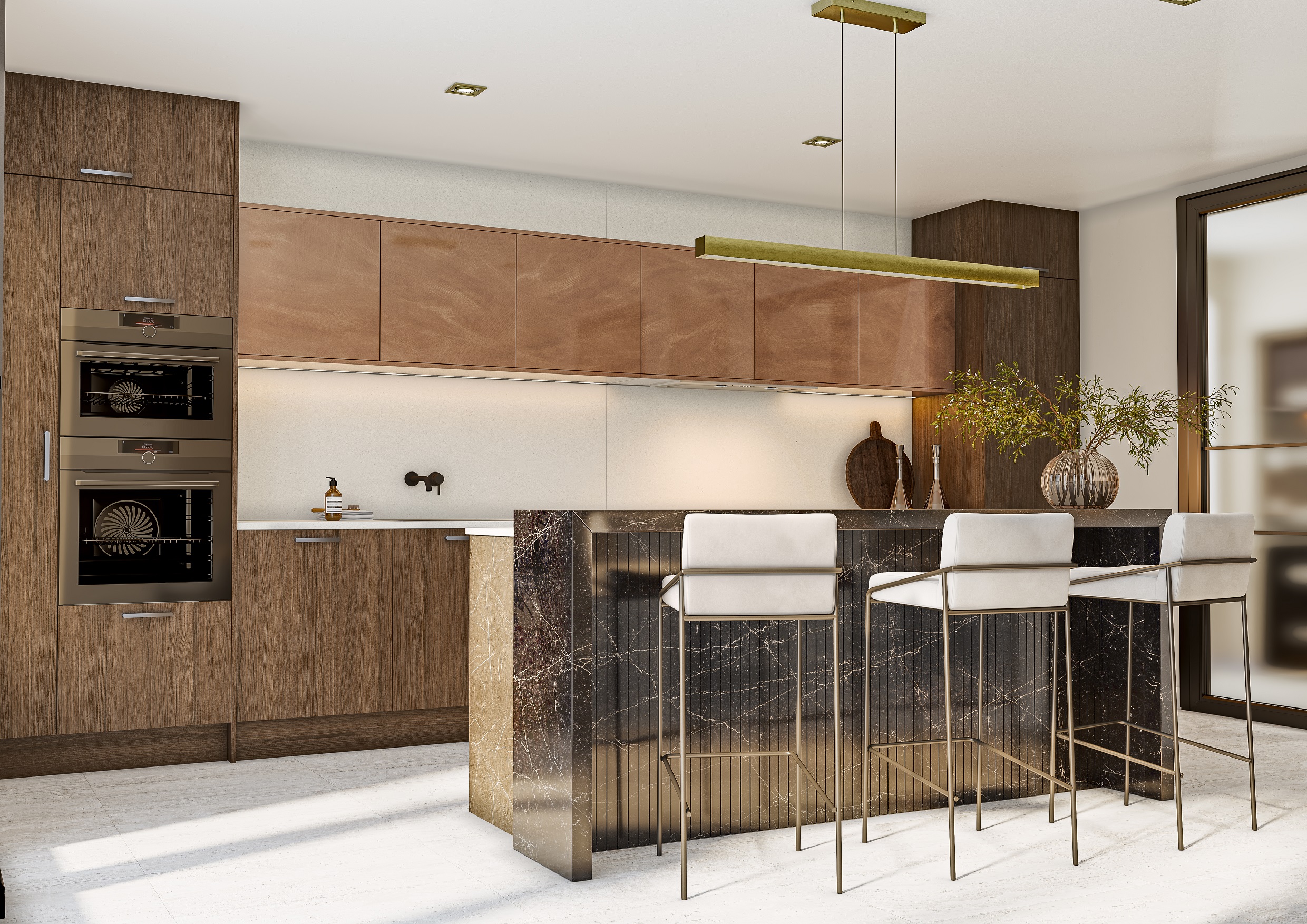 Unity Kitchens Linea Tobacco Oak, Mocha Pietra and Luxe Bronze Metallic kitchen