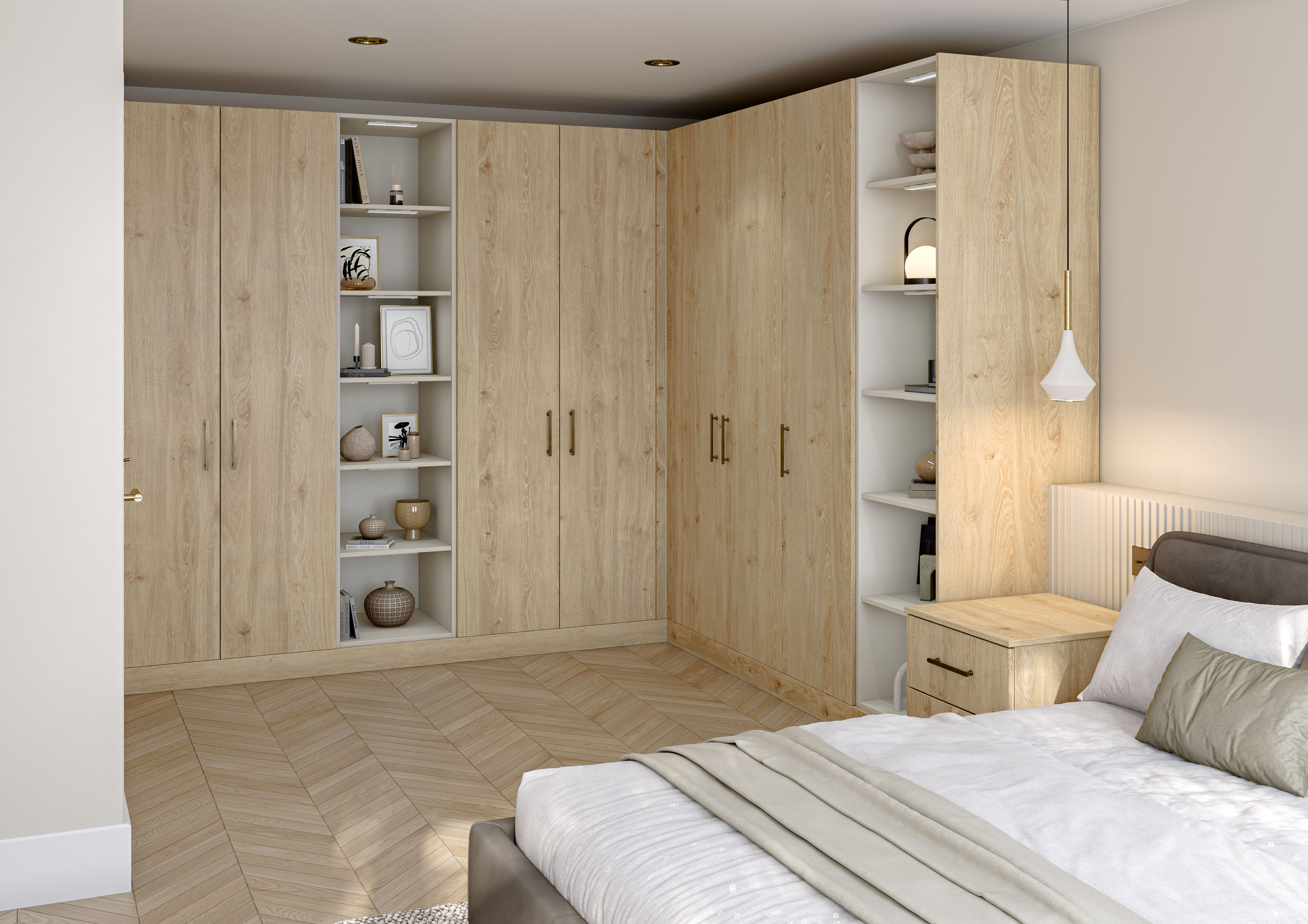 Unity Bedrooms Natural Davos Oak and Supermatt Taupe Grey kitchen