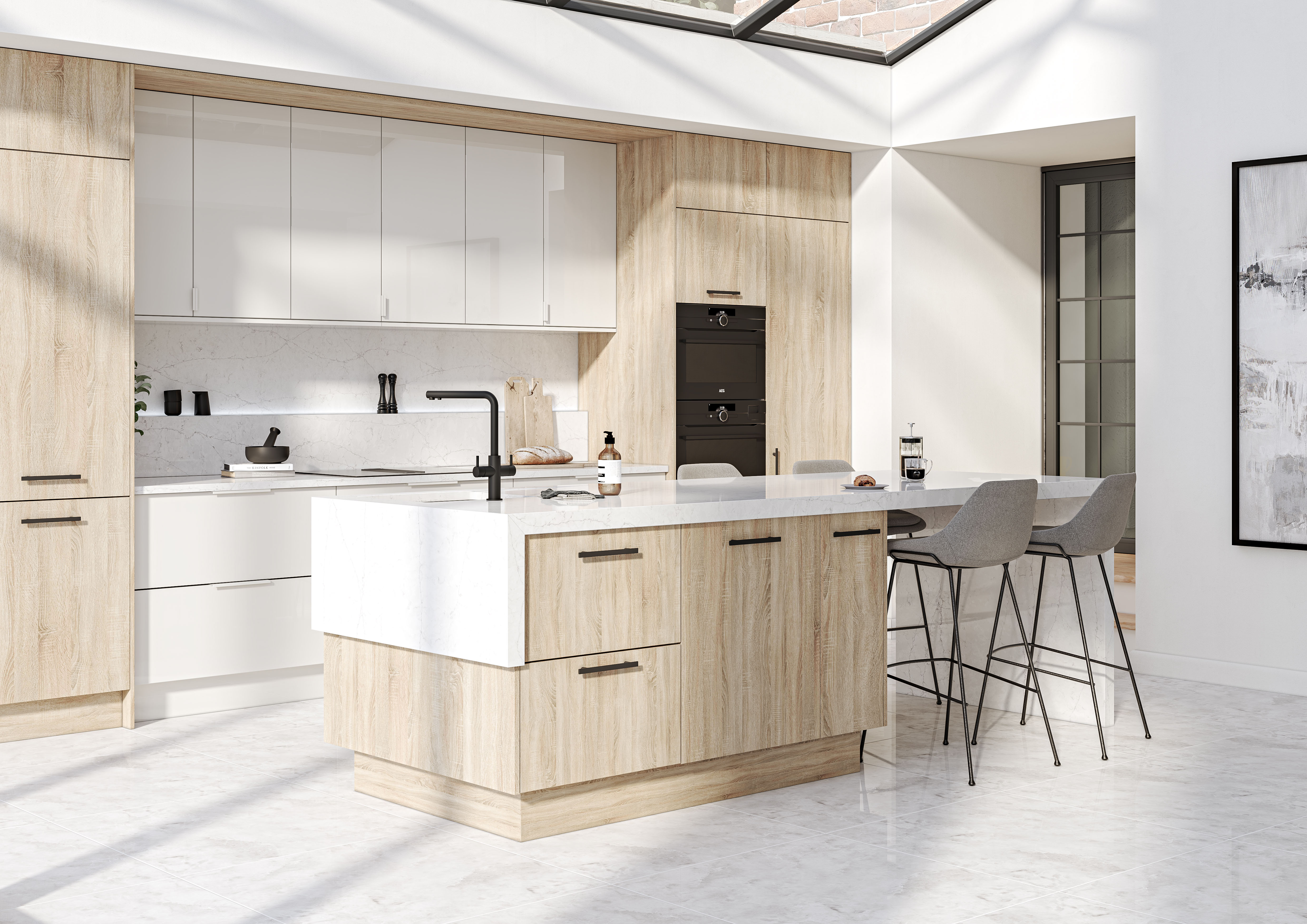 Unity Kitchens Grey Bardolino Oak and Gloss Dove Grey kitchen