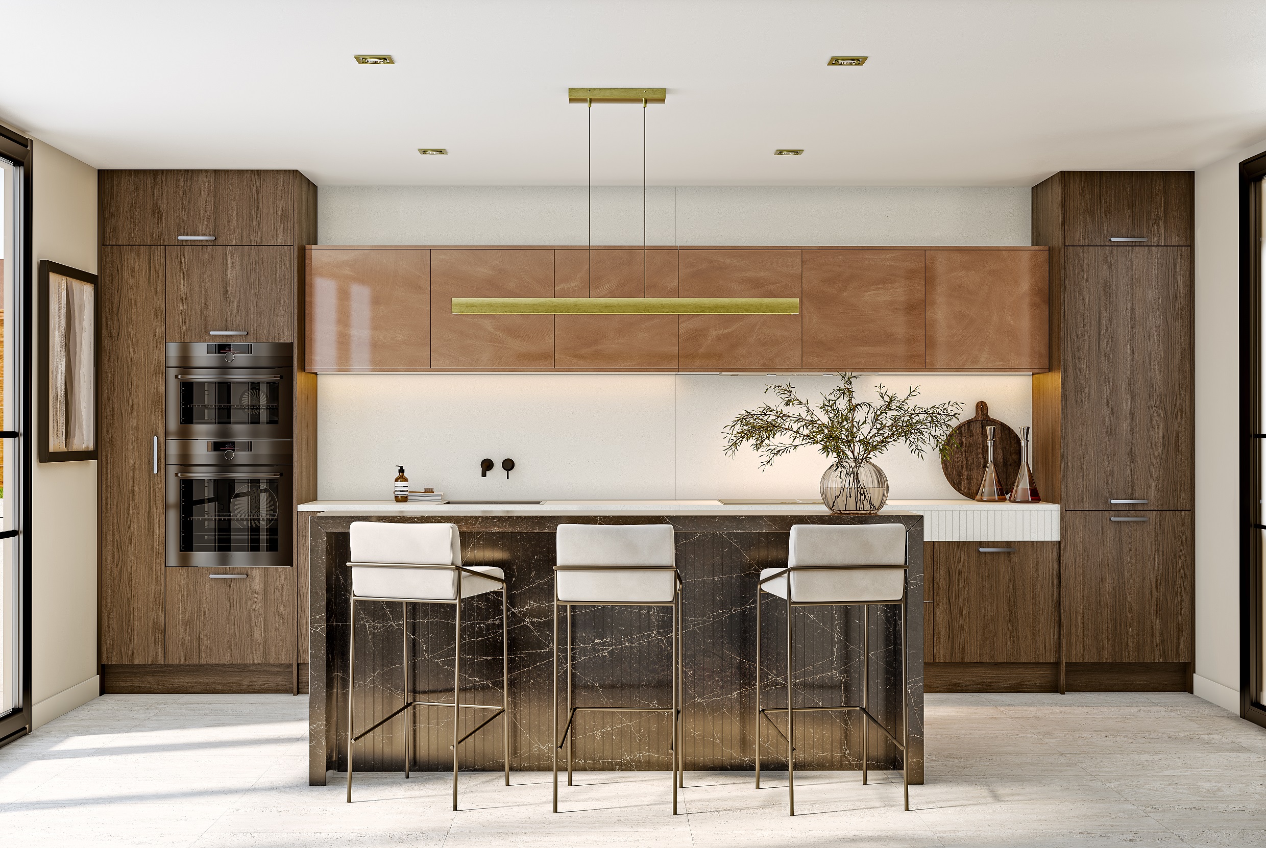 Unity Kitchens Tobacco Oak Linear, Mocha Pietra and Luxe Bronze Metallic kitchen