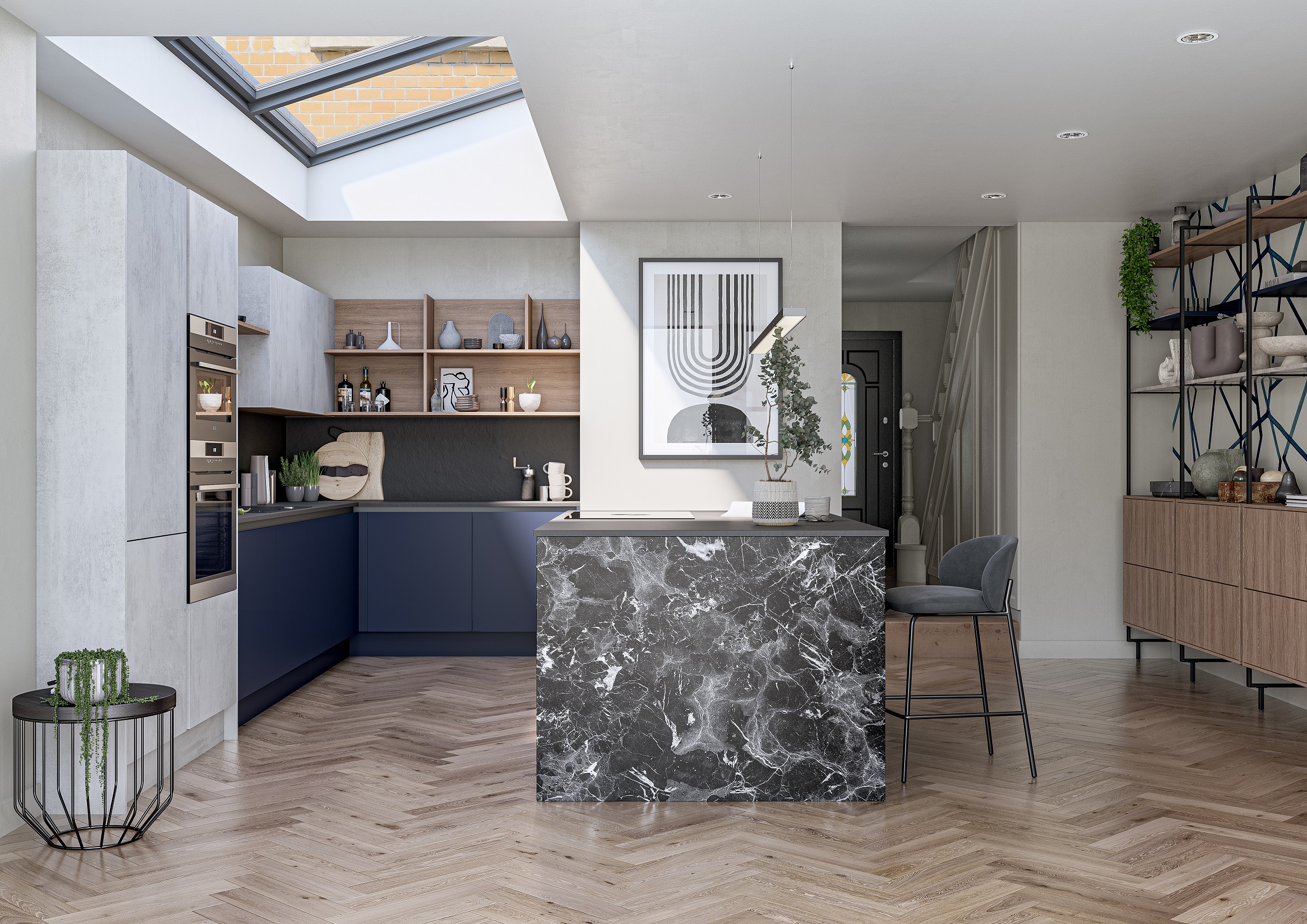 Unity Kitchens Indigo, Hayward Concrete and Black Marquina kitchen