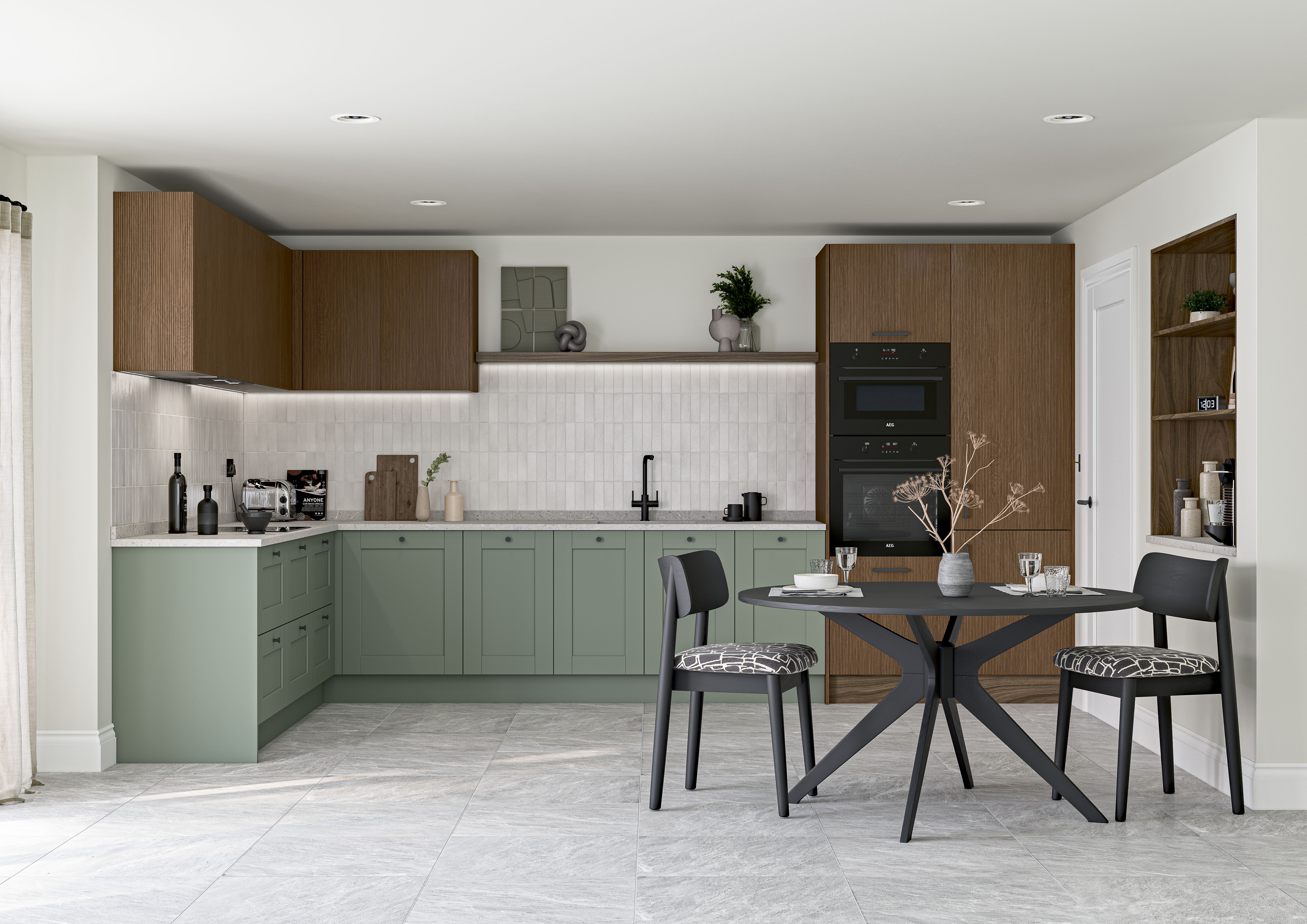 Unity Kitchens Woodgrain Striped Dark Oak and Reed Green kitchen