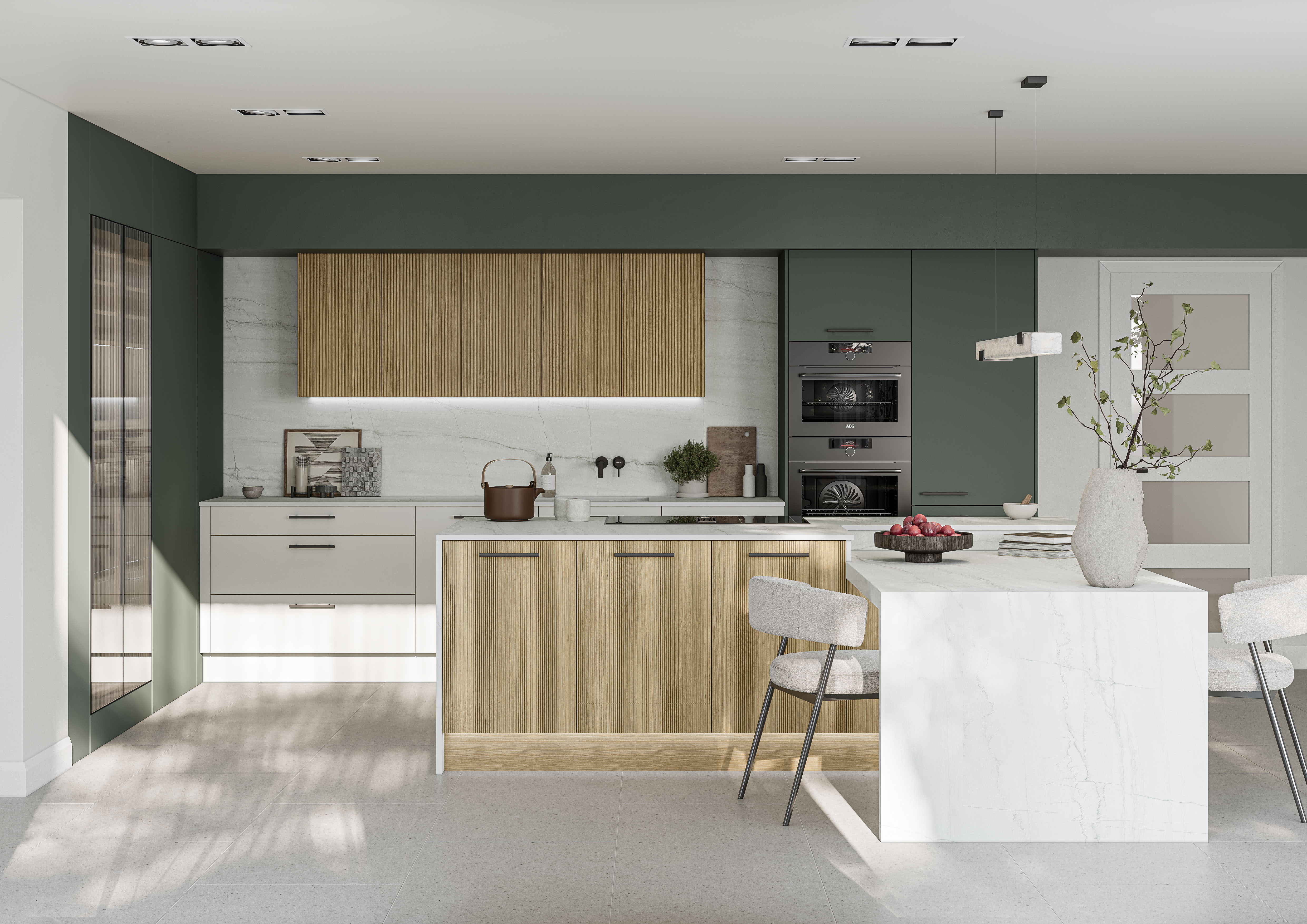 Unity Kitchens Woodgrain Striped Light Oak and Moss Green kitchen